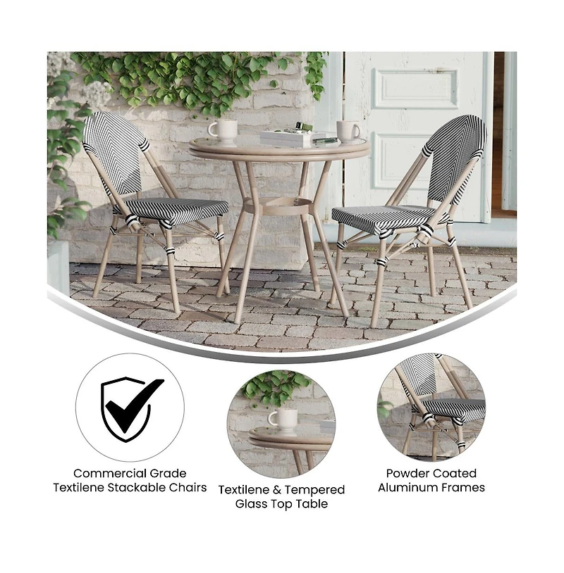 Merrick Lane Mael Bistro Style Table With Glass Top, Textilene, Stack Chairs