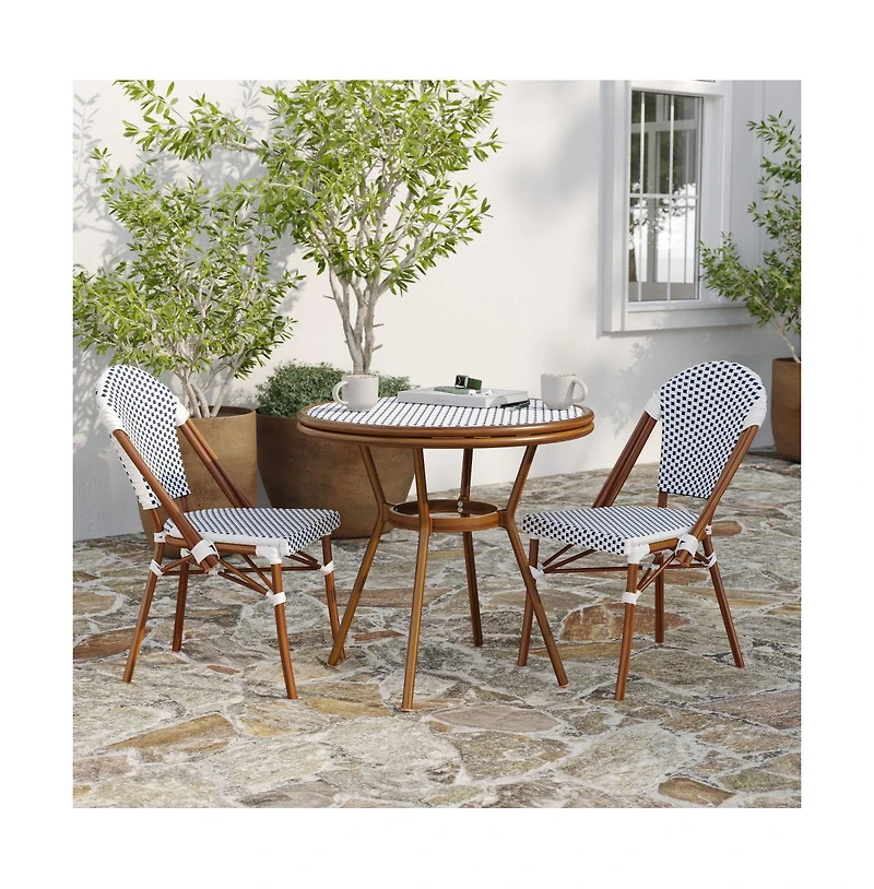 Merrick Lane Mael Bistro Style Table With Glass Top, Textilene, Stack Chairs