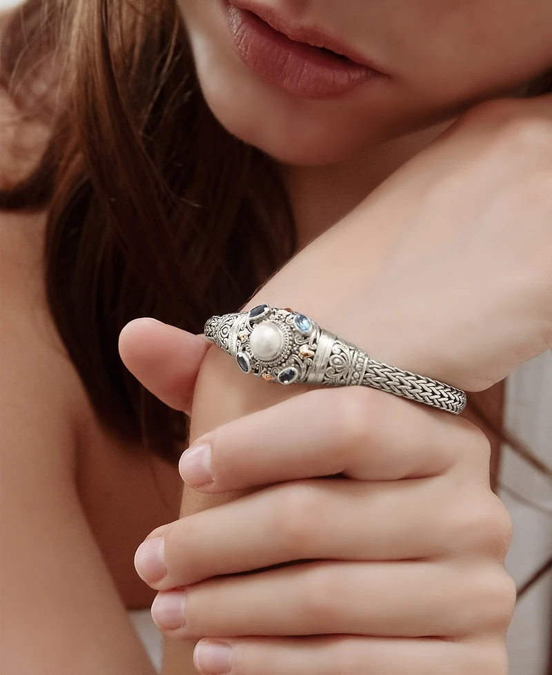 Devata Citrine, Freshwater Cultured Pearl & Bali Filigree with Dragon Bone Oval 5mm Chain Bracelet in Sterling Silver and 18K Gold
