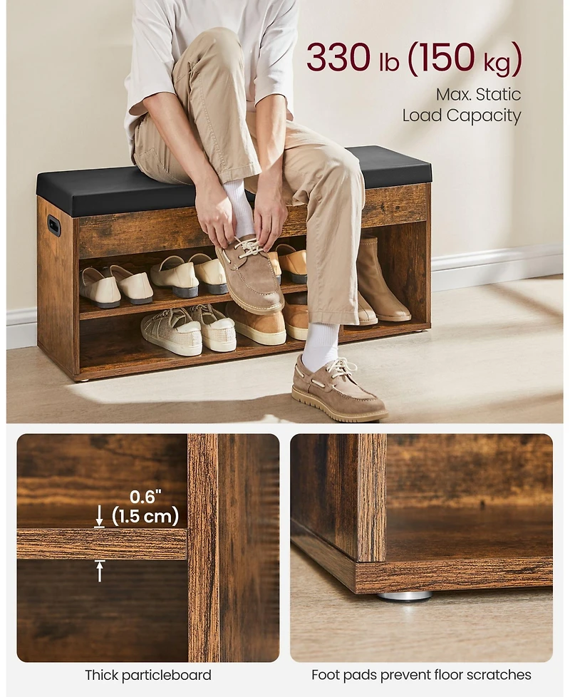 Storage Bench with Cushion Seat and 3 Open Compartments for Entryway or Bedroom