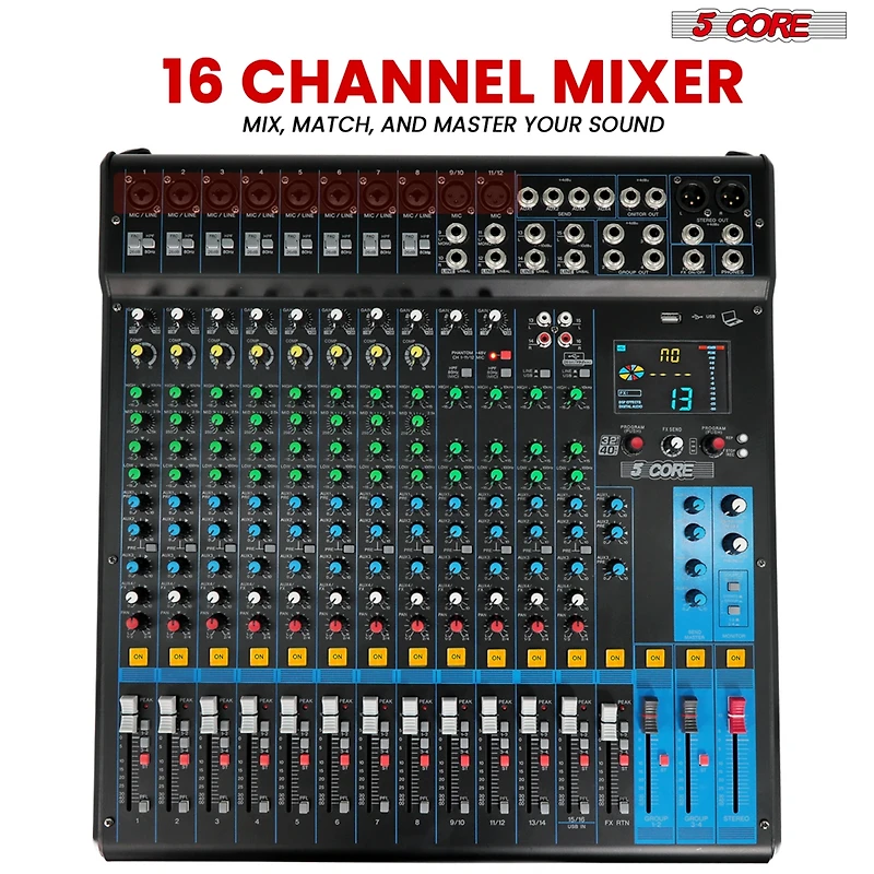 5 Core Audio Dj Mixer 16 Channel Sound Board Console w Spx Effect 48V Phantom Power Mx 16CH Xu