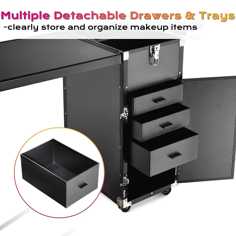 Byootique Aluminum Rolling Makeup Train Case with Table Salon Nail Trolley Cosmetic Organizer Black