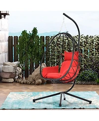 Mondawe Wicker Hanging Egg Basket Hammock Chair With Stand and Removable Cushions, Red