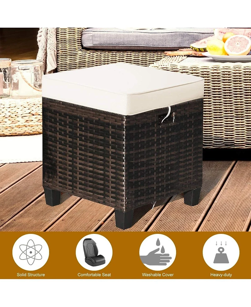 2 Pieces Patio Rattan Ottoman Seat with Removable Cushions