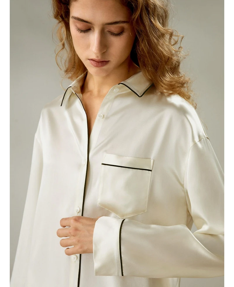 Lilysilk Women's Contrast Piping Button-Up Full Length Pajama Set