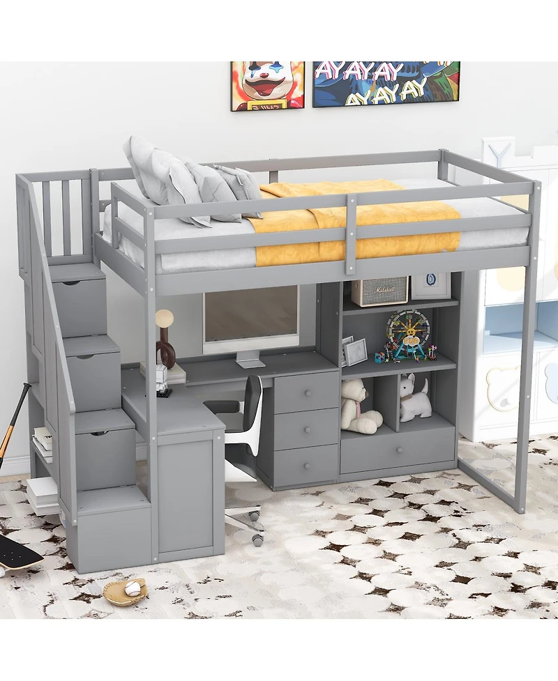 Streamdale Twin Loft Bed with Desk, Storage, and Staircase White