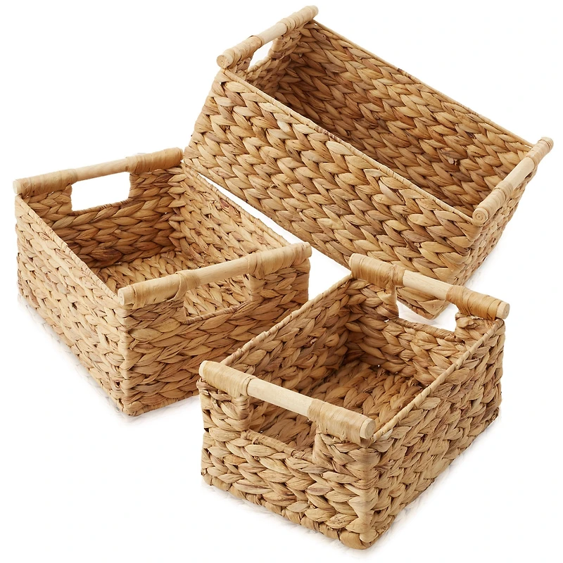Casafield (Set of 3) Water Hyacinth Rectangular Storage Baskets with Wooden Handles - Small, Medium, Large Woven Nesting Baskets - Natural
