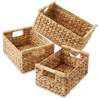 Casafield (Set of 3) Water Hyacinth Rectangular Storage Baskets with Wooden Handles - Small, Medium, Large Woven Nesting Baskets - Natural