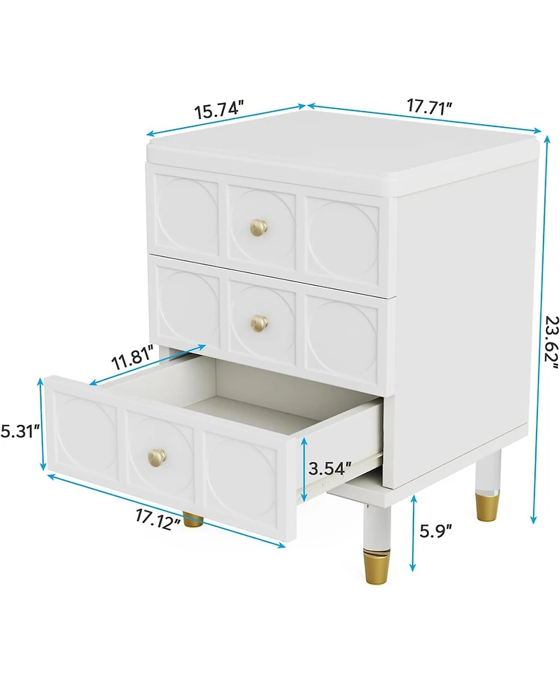 Tribesigns 3-Drawer Nightstand Tall White and Gold Bedside Table with Drawers, Versatile Modern White Night Stand with Storage for Bedroom, Living Roo