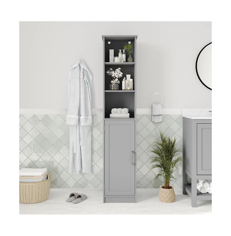Merrick Lane Vigo Slim Linen Tower Organizer With Adjustable Cabinet Shelves, Open And Magnetic Closure Doors