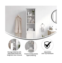 Merrick Lane Vigo Slim Linen Tower Organizer With Adjustable Cabinet Shelves, Open Shelves, And Magnetic Closure Doors