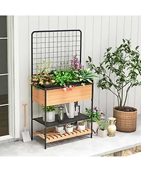 59" Raised Wooden Garden Bed with Metal Trellis Open Storage Shelves Drain Holes