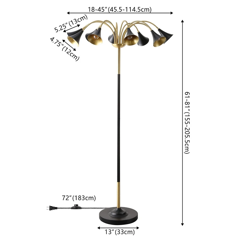 Jonathan Y Vivian 61" 10-Light Mid-Century Modern Iron Medusa Multi Head Led Floor Lamp, White/Brass Gold