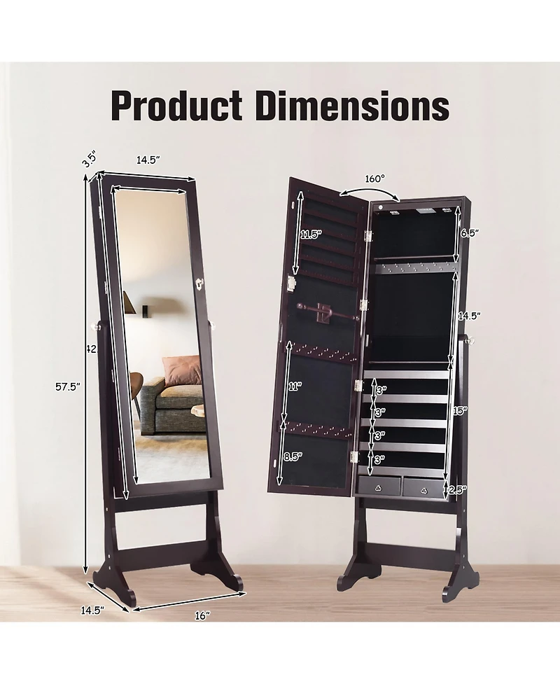 Sugift Lockable Mirrored Jewelry Cabinet with Stand and 2 Led Lights