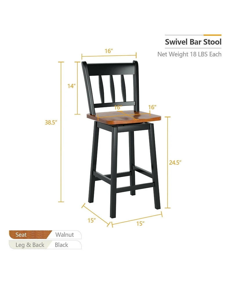 Sugift 24.5 Inches Set of 2 Swivel Bar Stools with 360° Swiveling