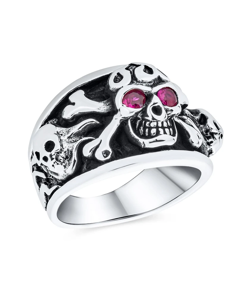 Bling Jewelry Biker Gothic Caribbean Pirate Crossbones Multi Skull Heads Band Ring with Red Cz Eyes Oxidized Sterling Silver