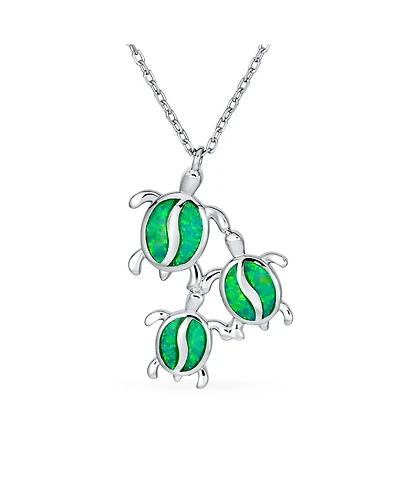 Bling Jewelry Nautical Synthetic Opal Inlay Green Mother Mom Babies Sea Turtle Family Pendant Necklace Sterling Silver