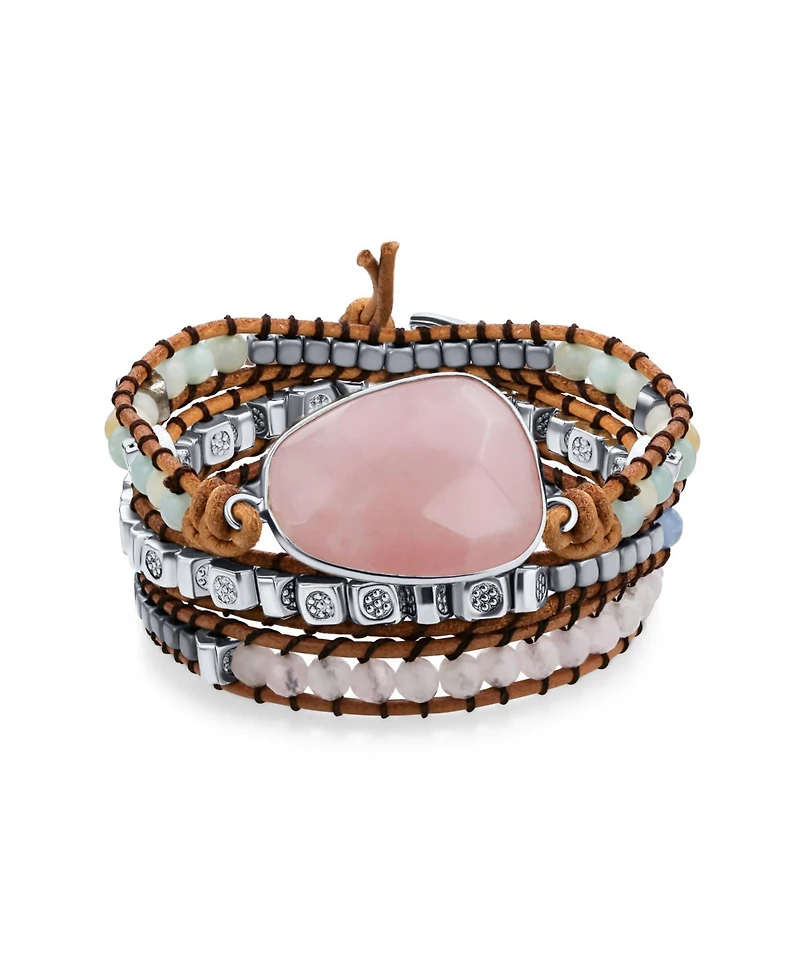 Bling Jewelry Tree Of Life Medallion Natural Rose Quartz Aqua Amazonite Beaded Brown Leather Multi Strand Triple Wrap Bracelet Adjustable