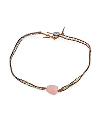 Bling Jewelry Tree Of Life Medallion Natural Rose Quartz Aqua Amazonite Beaded Brown Leather Multi Strand Triple Wrap Bracelet Adjustable
