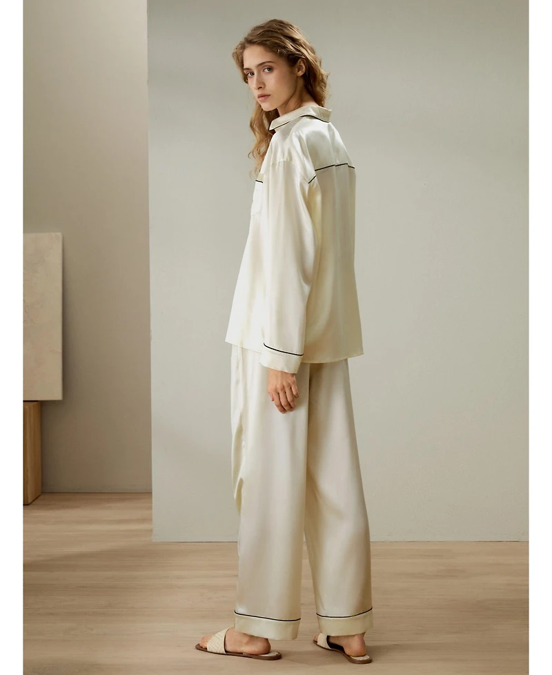 Lilysilk Women's Contrast Piping Button-Up Full Length Pajama Set