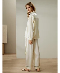 Lilysilk Women's Contrast Piping Button-Up Full Length Pajama Set