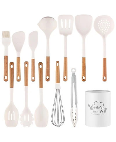 Sugift 13-Piece Silicone Kitchen Utensils with Wooden Handles Set