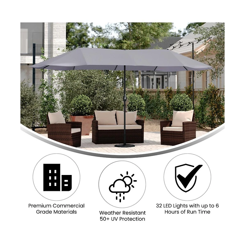 Evanston 15 Ft Triple Head Umbrella for Patio Use with Crank Handle, and Easy Lift Function
