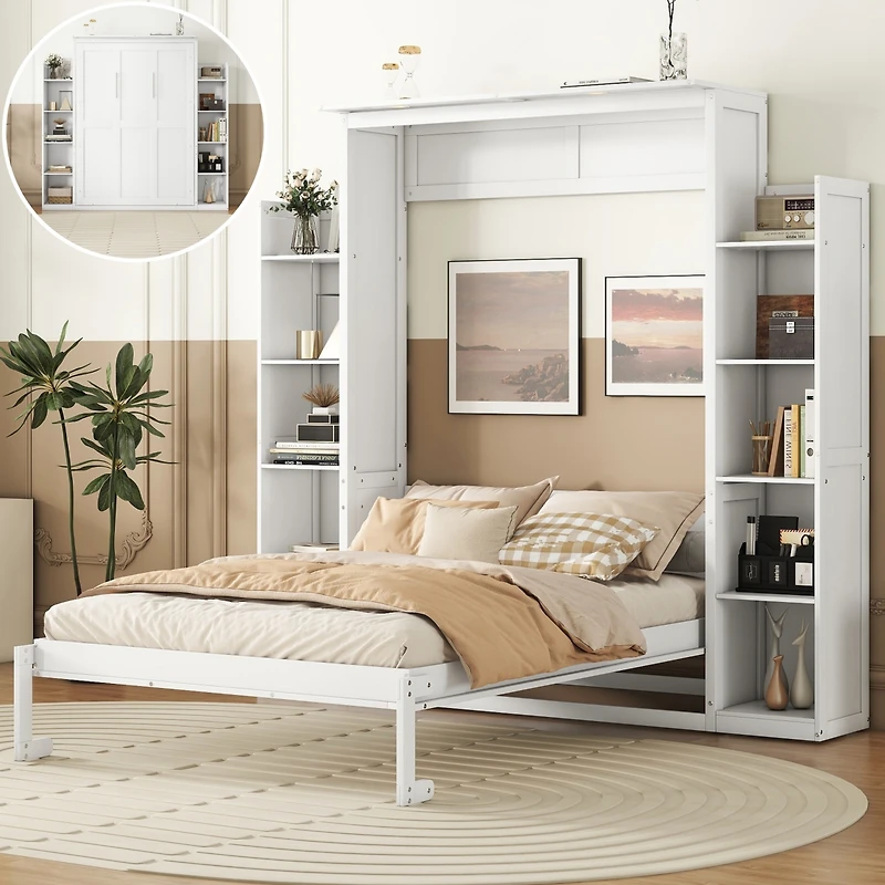 Streamdale Full Size Murphy Bed Wall Bed With Shelves And Led Lights