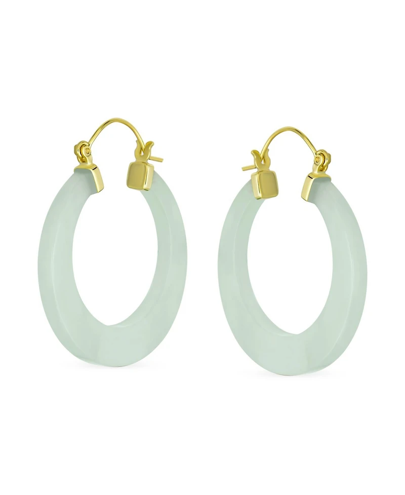 Bling Jewelry Light Green Jade Cz Hoop Earrings 14K Gold Plated Sterling Silver 1.2 Inch