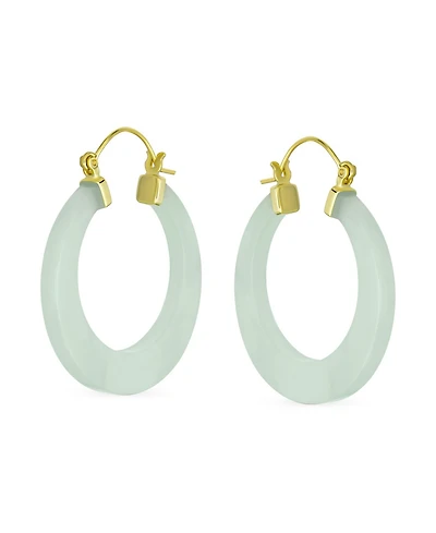 Bling Jewelry Light Green Jade Cz Hoop Earrings 14K Gold Plated Sterling Silver 1.2 Inch