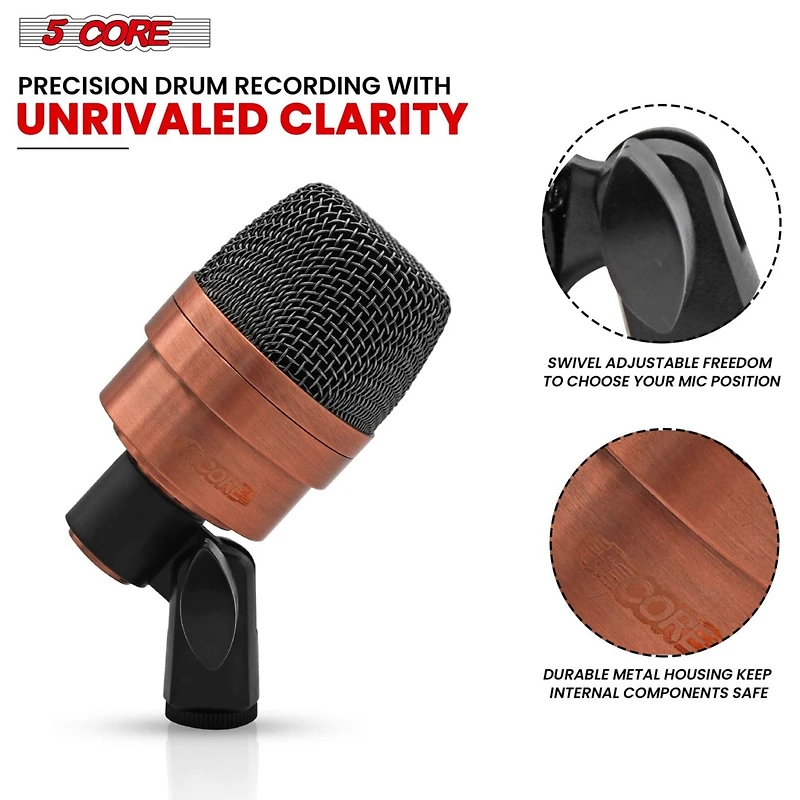 5 Core Tom Snare Mic Cardioid Dynamic Microphone for Drum Kit Precision Instrument - Copper