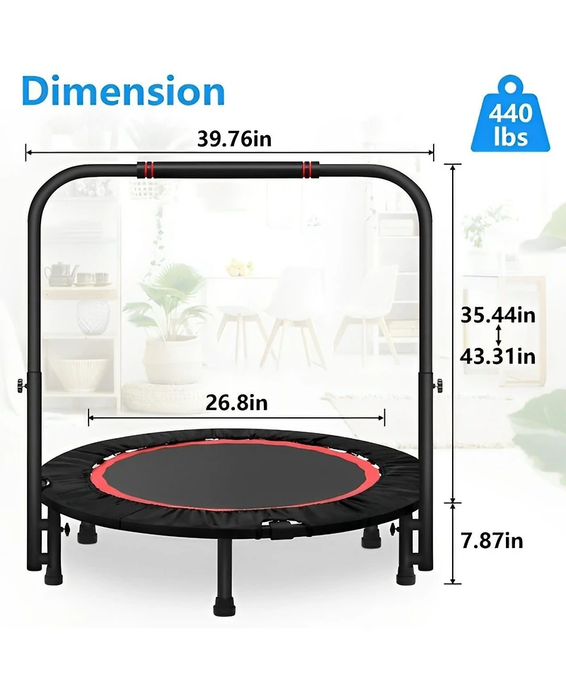 40 Inch Mini Exercise Trampoline Foldable with Adjustable Handle Max Load 440lbs for Adults or Kids