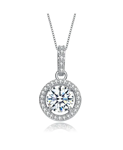 White Gold Plated with Cubic Zirconia Solitaire Halo Drop Pendant Necklace