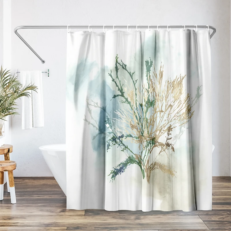 71x74 Coastal Shower Curtain - Green Coral by Pi Creative Art