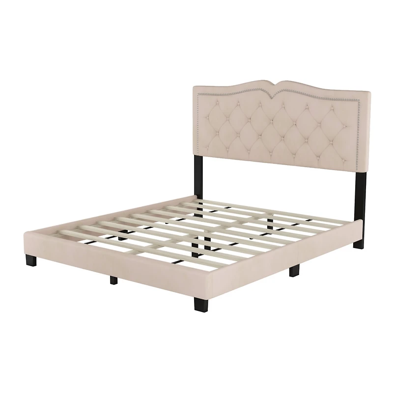 Streamdale Furniture Queen Size Upholstered Bed Frame With Rivet Design, Modern Velvet Platform Bed With Tufted Headboard