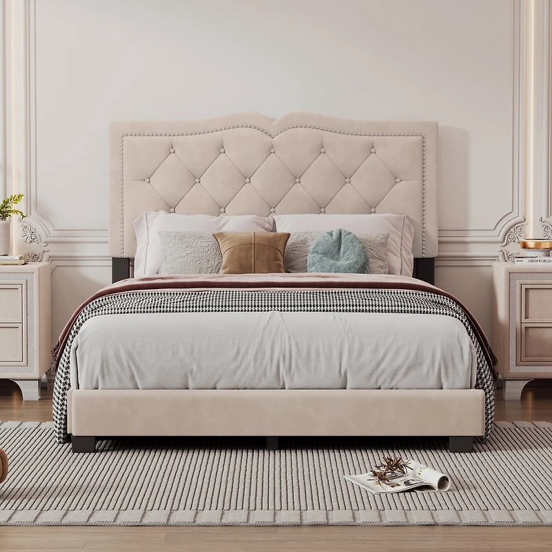 Streamdale Modern Gray Velvet Bed with Rivet Design & Tufted Headboard