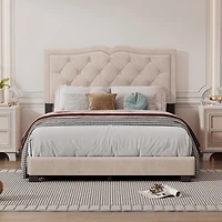 Streamdale Modern Gray Velvet Bed with Rivet Design & Tufted Headboard