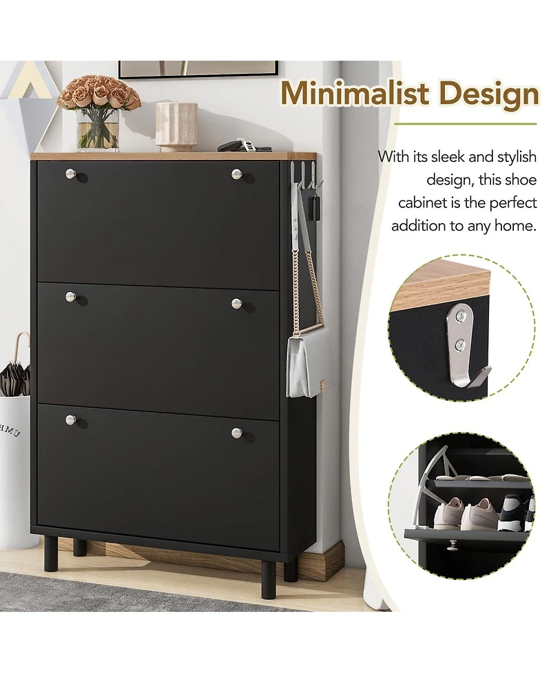 Simplie Fun 3-Drawer Shoe Cabinet with Hooks and Adjustable Panel