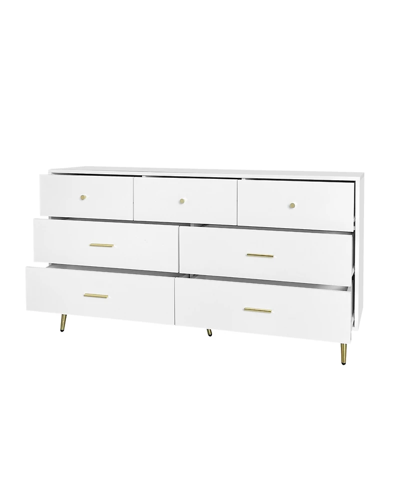 Streamdale Furniture Seven Drawers Large Chest Of Drawer Cabinet With Golden Handle And Golden Legs White Color