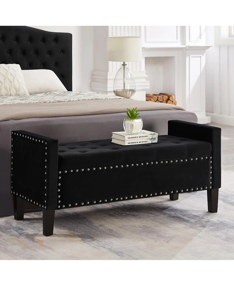 Streamdale Furniture Black Upholstered Storage Bench with Armrest