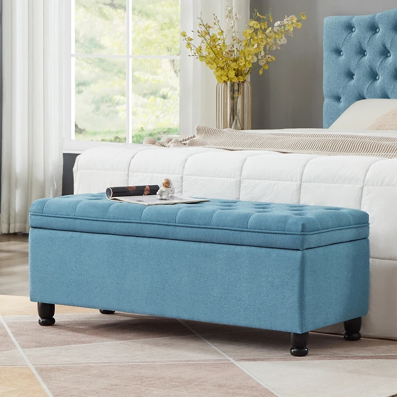 Streamdale Button Tufted Storage Bench - Light Blue Linen