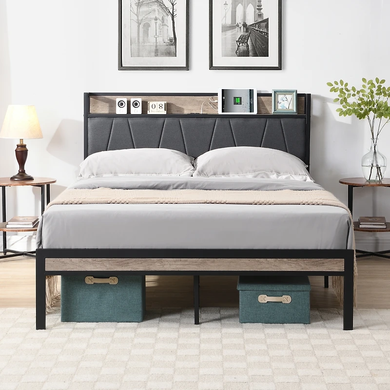 Simplie Fun Queen Metal Platform Bed w/ Upholstered Headboard & Storage
