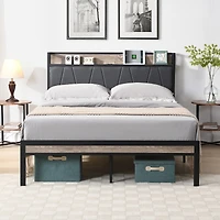 Simplie Fun Queen Metal Platform Bed w/ Upholstered Headboard & Storage