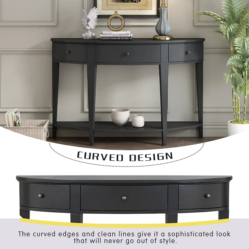 Simplie Fun Modern Curved Console Table Sofa Table With 3 Drawers And 1 Shelf For Hallway, Entryway, Living Room