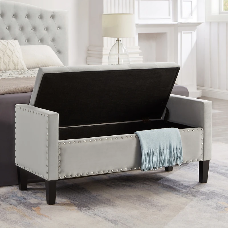 Gray Upholstered Storage Bench with Armrest