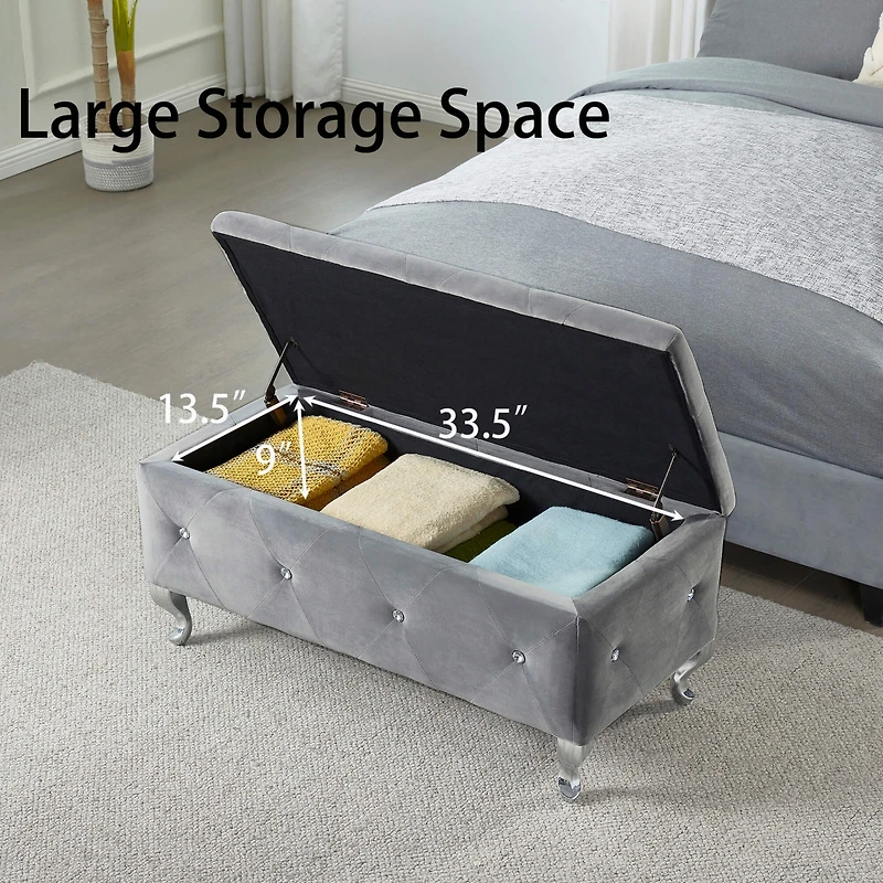 Streamdale Grey Tufted Storage Ottoman Bench With Crystal Buttons