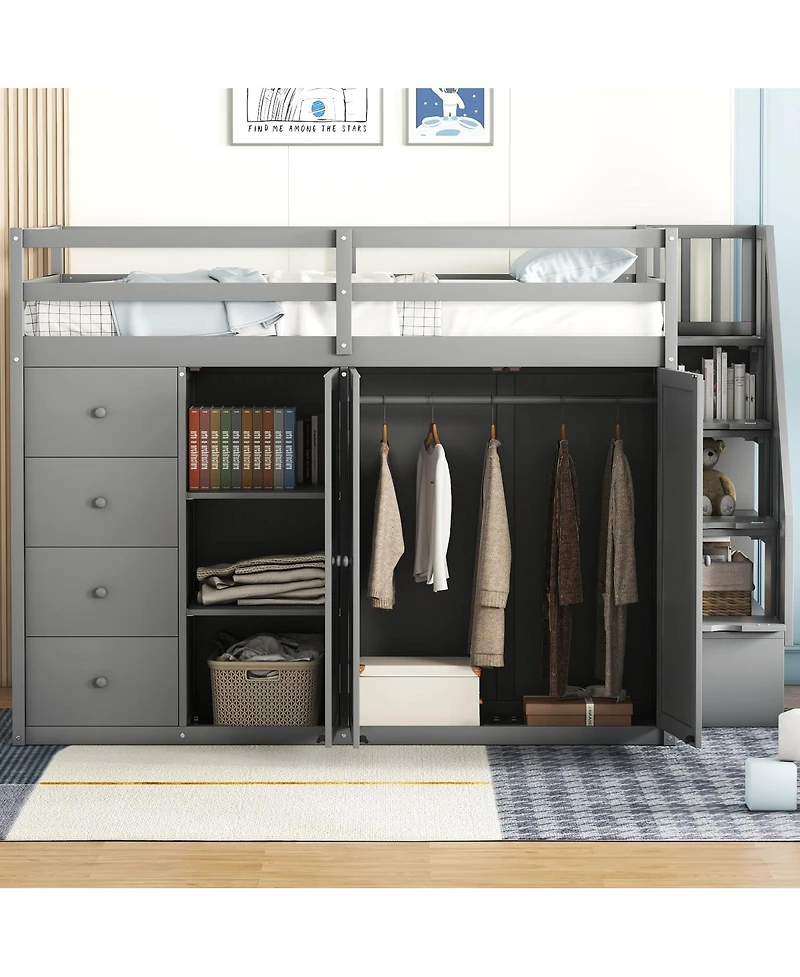 Simplie Fun Full Wood Loft Bed With Built-In Wardrobes, Cabinets And Drawers, White