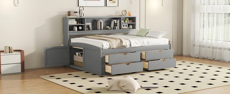 Simplie Fun Full Size Wood Daybed With 2 Bedside Cabinets, Upper Shelves And 4 Drawers, Gray