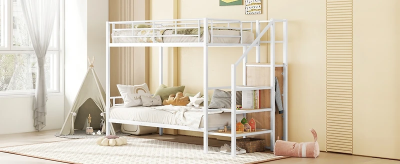 Simplie Fun Twin Over Twin Metal Bunk Bed With Lateral Storage Ladder And Wardrobe, White