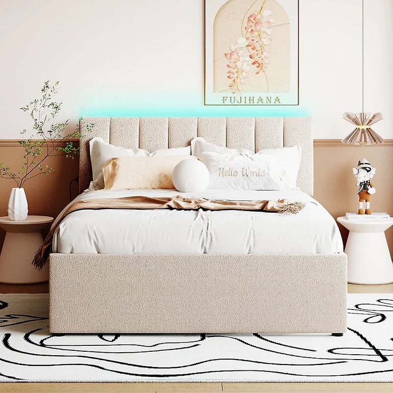 Streamdale Teddy Fleece Full Upholstered Platform Bed With Trundle, Beige